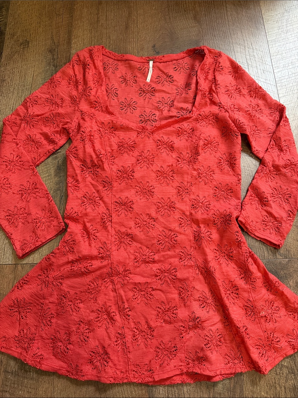 Free People Red Long Sleeve Lace Fit-and-Flare Dress